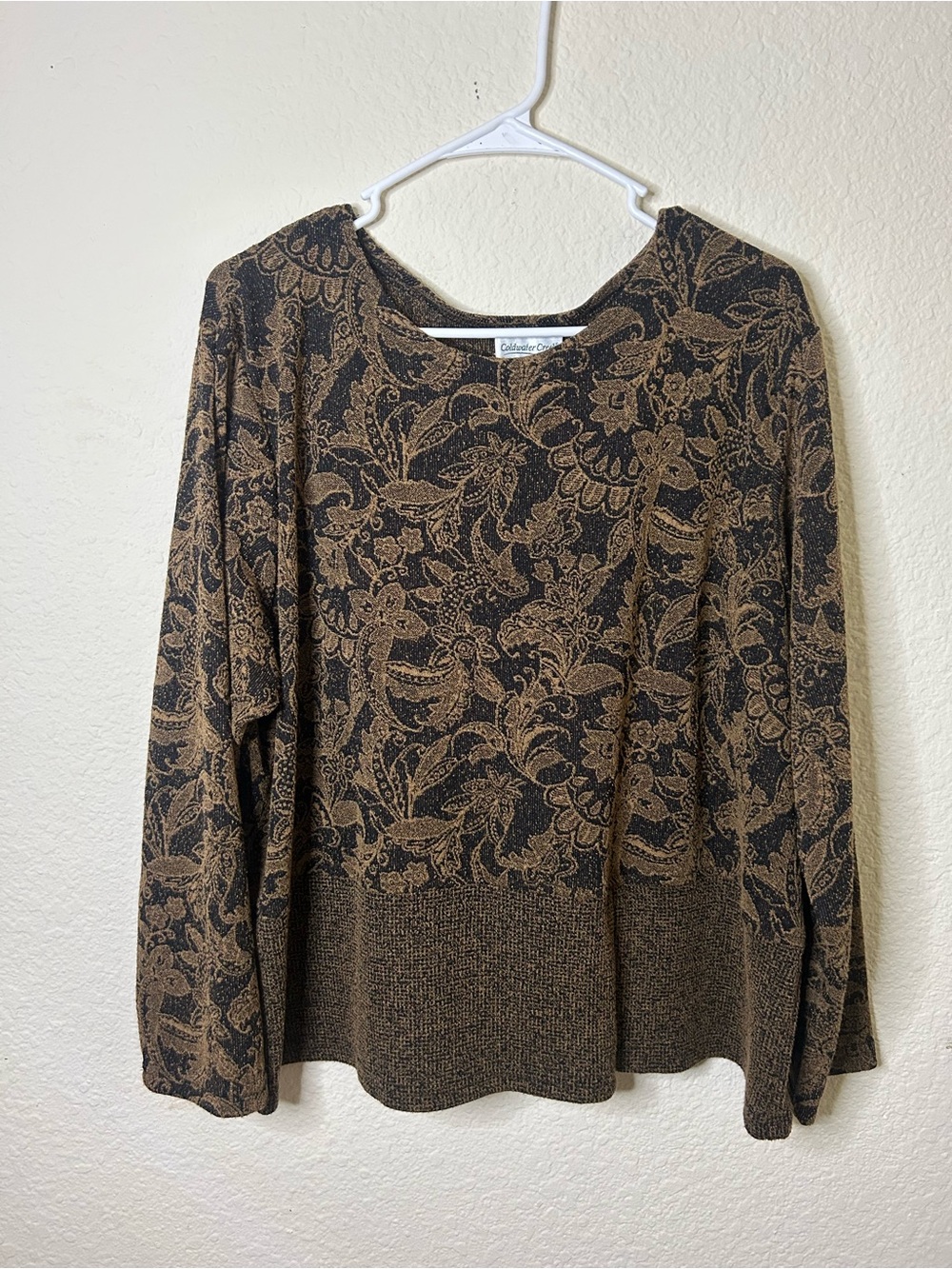 Coldwater Creek Chaus Floral Jacquard Long-Sleeve Top Brown Black Plus Size 2X